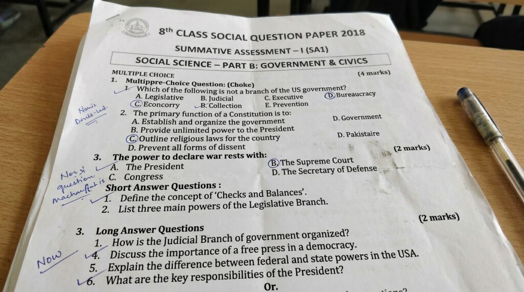 8th Class Social Question Paper 2018 SA1 Government
